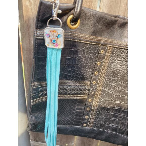 Handmade cow lover boho Leather Fringe Western bag charm, Long fringe keychain - Picture 2 of 4
